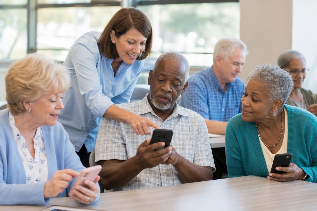 Group of older adults participating in a technology workshop together.
