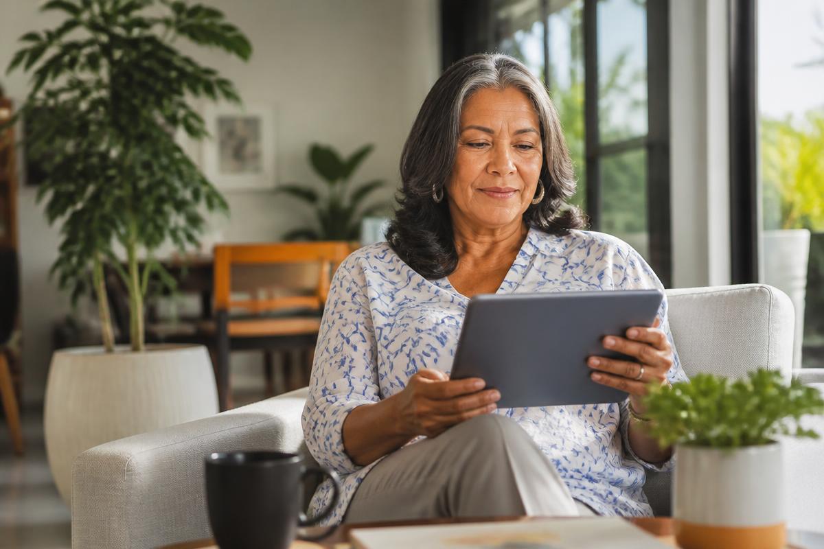 Older woman at home reading health information on a tablet.