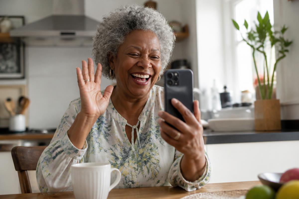 Older woman smiling and waving during a video call on her smartphone at home.