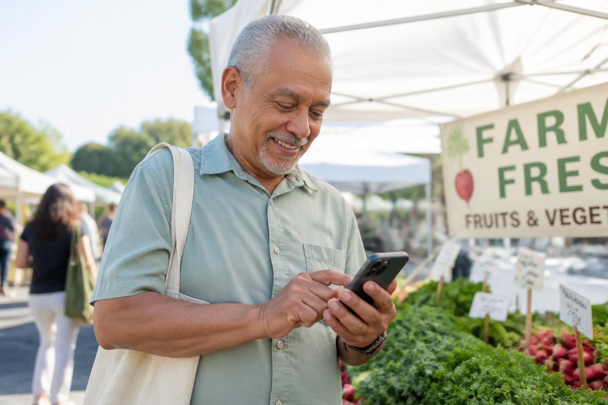 Older man using his smartphone while shopping at an outdoor market.
