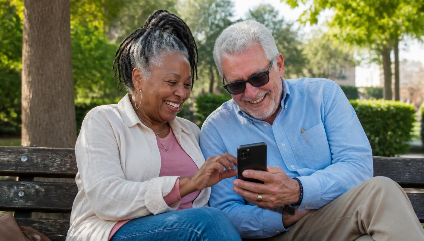 Two older friends sitting on a park bench looking at a smartphone together and smiling.