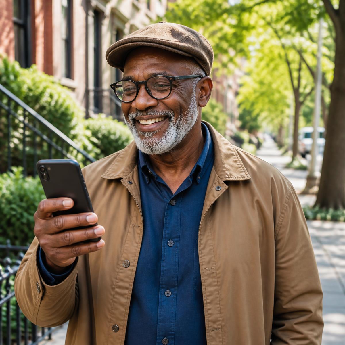 Smiling older man walking outdoors and confidently using his smartphone.