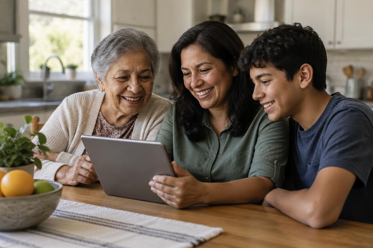 Grandmother, mother and teenage son looking at a tablet together at a kitchen table.