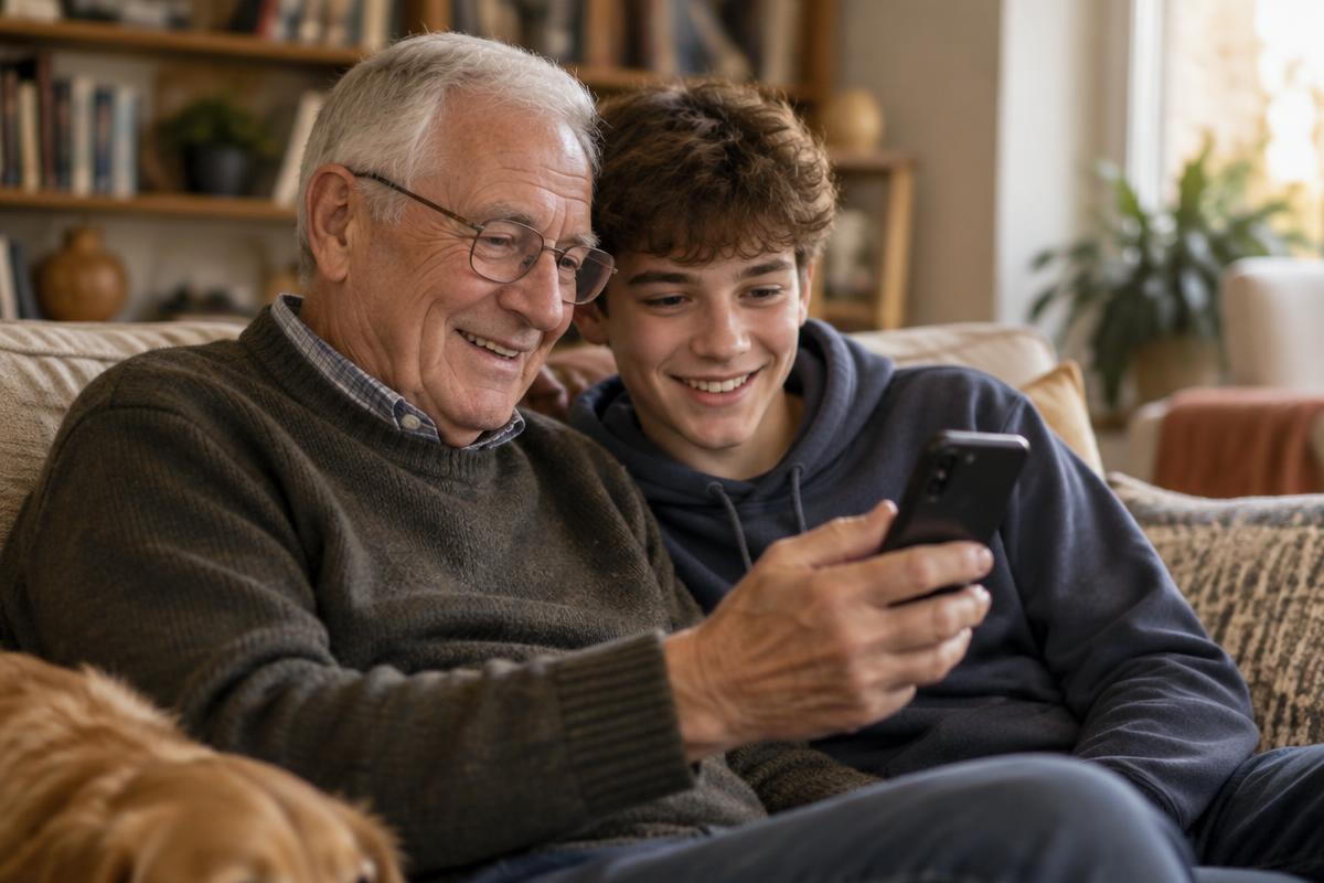 Older man and a teenage boy sitting on a couch looking at a smartphone together.