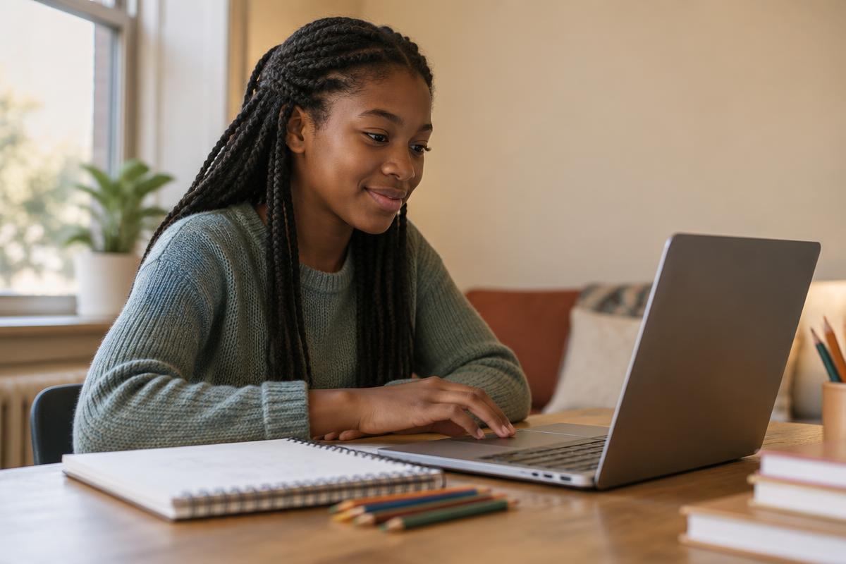 Teen girl smiling while using a laptop at a table at home.